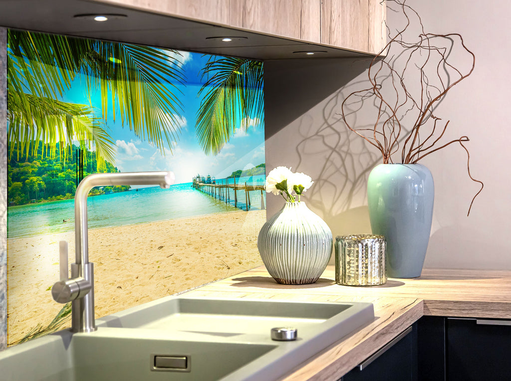 Tropical Beach Pier View Wall Art – Glass Kitchen Backsplash-BacksplashArtworks