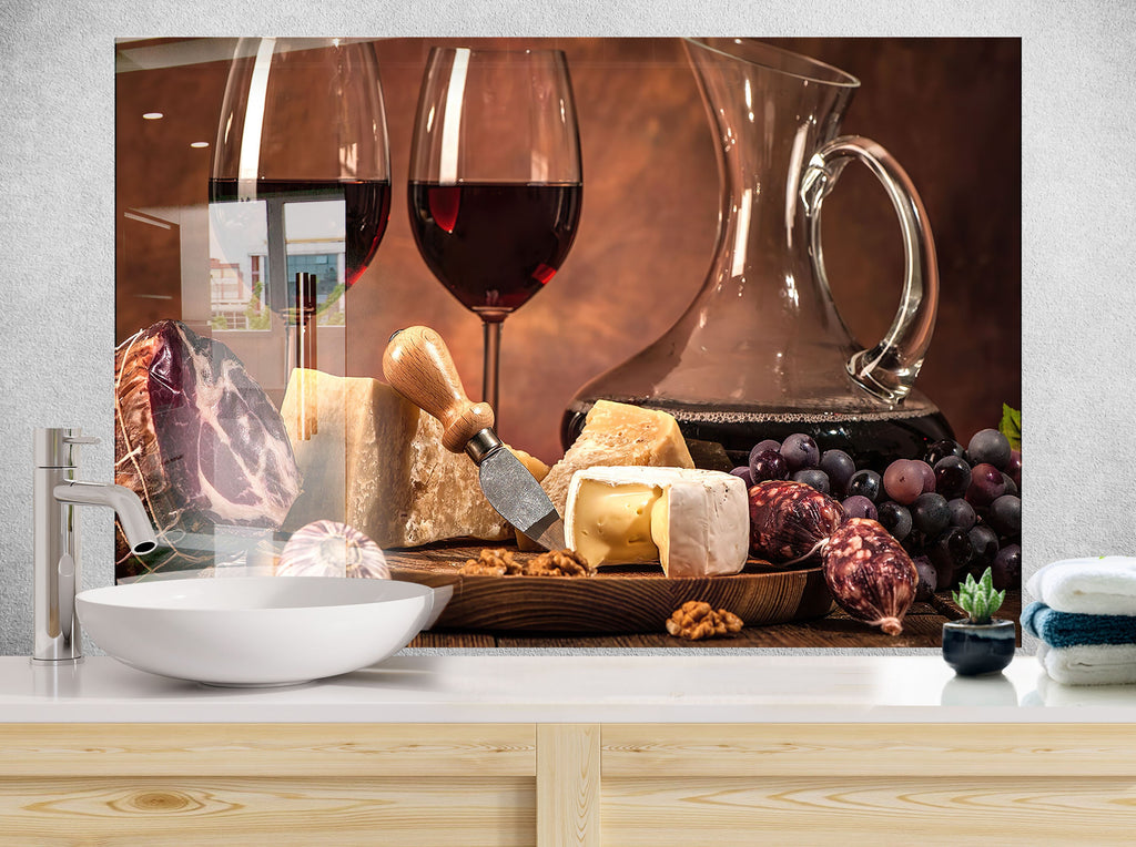 Rustic Wine & Cheese Glass Backsplash – Gourmet Charcuterie Elegance-BacksplashArtworks