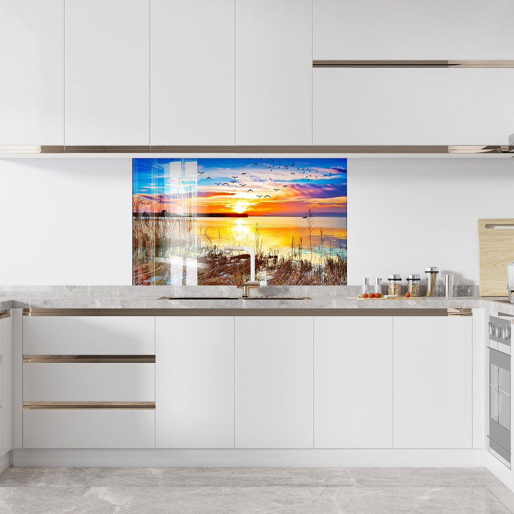 Golden Sunset Lake – Glass Kitchen Backsplash-BacksplashArtworks