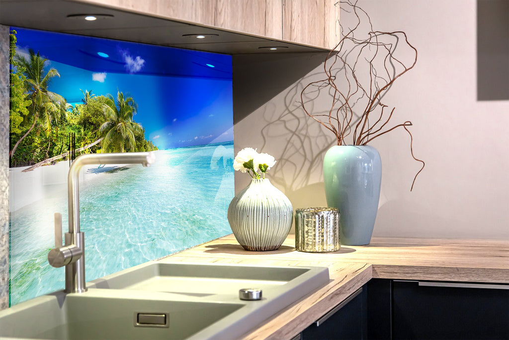 Tropical White Sand Beach Wall Art – Glass Backsplash-BacksplashArtworks
