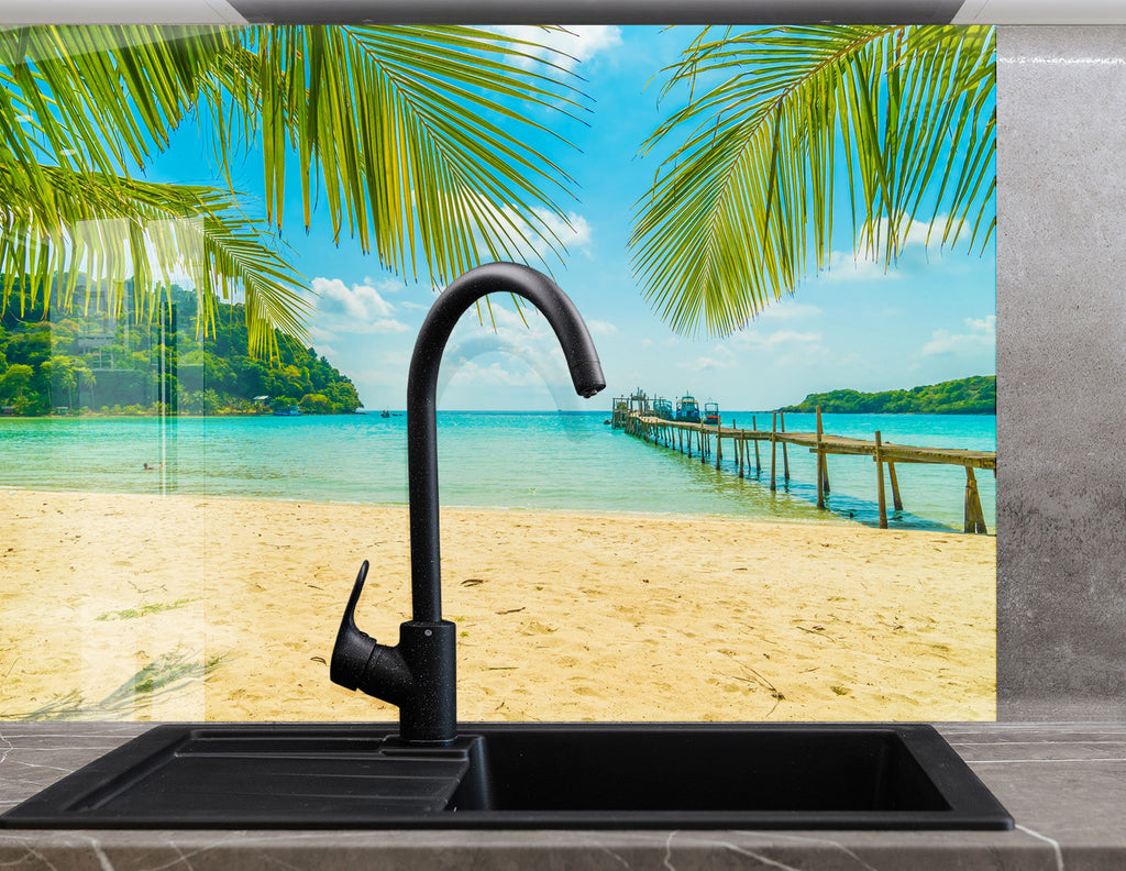 Tropical Beach Pier View Wall Art – Glass Kitchen Backsplash-BacksplashArtworks