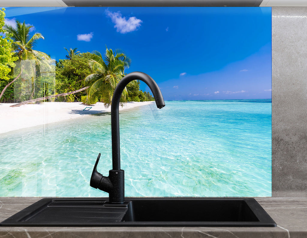 Tropical White Sand Beach Wall Art – Glass Backsplash-BacksplashArtworks