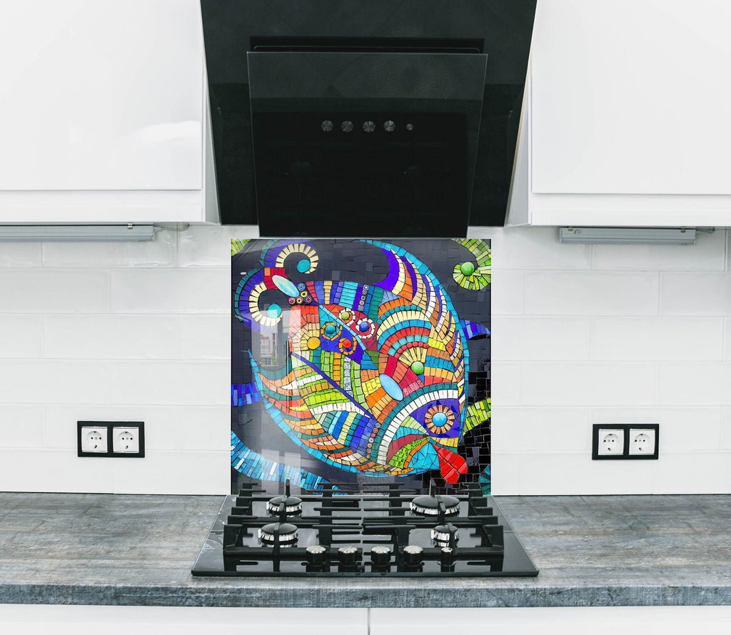 Mosaic Glass Kitchen Backsplash with Colorful Abstract Fish Design-BacksplashArtworks