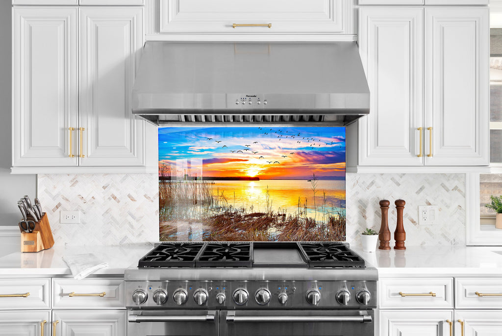 Golden Sunset Lake – Glass Kitchen Backsplash-BacksplashArtworks