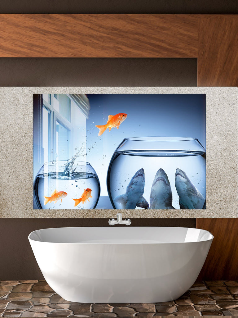 Vibrant Ocean Glass Kitchen Backsplash – Goldfish & Fishbowl Design-BacksplashArtworks