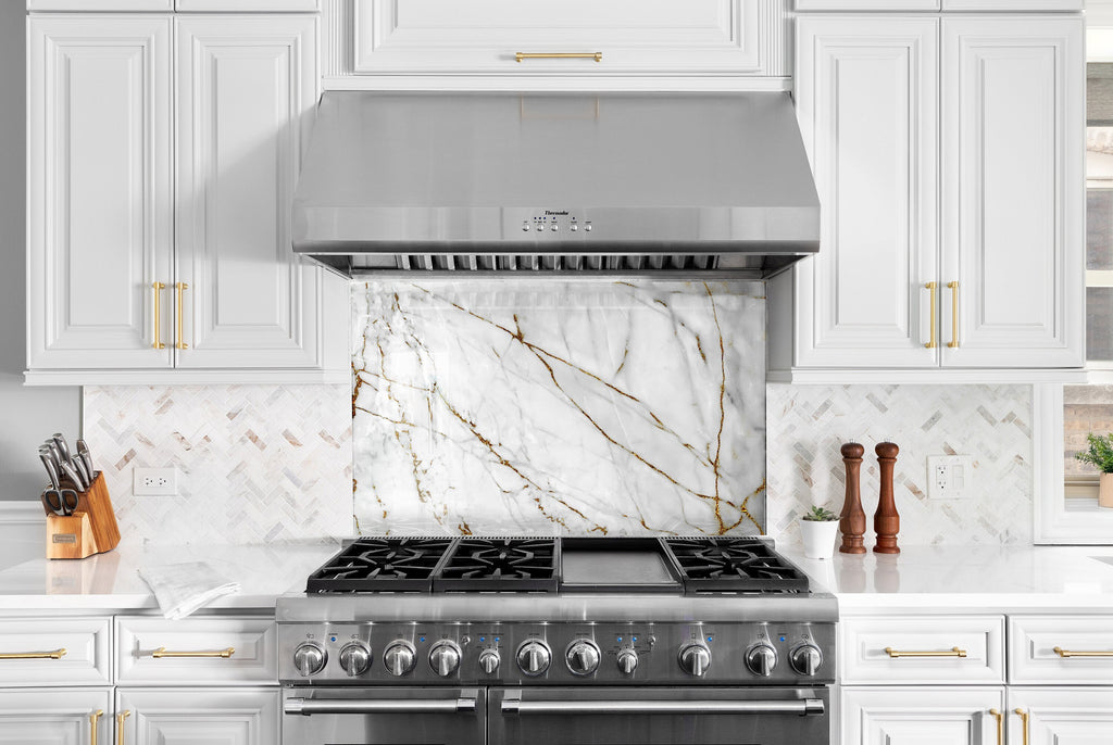 White & Gold Marble Vein - Glass Kitchen Backsplash-BacksplashArtworks