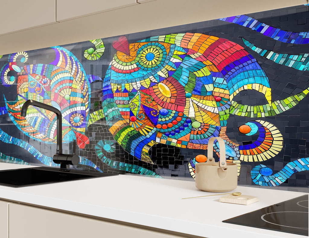 Mosaic Glass Kitchen Backsplash with Colorful Abstract Fish Design-BacksplashArtworks