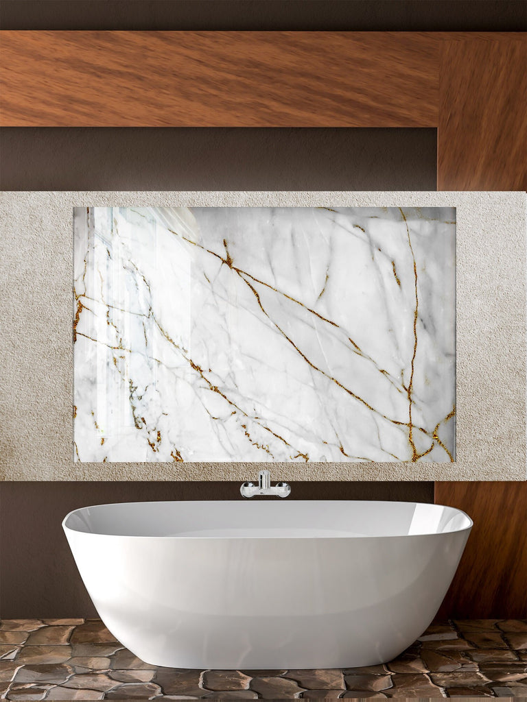 White & Gold Marble Vein - Glass Kitchen Backsplash-BacksplashArtworks
