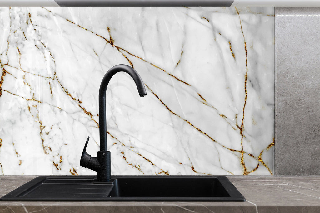 White & Gold Marble Vein - Glass Kitchen Backsplash-BacksplashArtworks