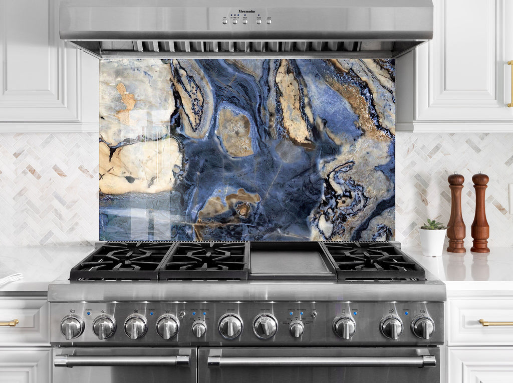 Blue & Gold Marble Stripes - Glass Kitchen Backsplash-BacksplashArtworks