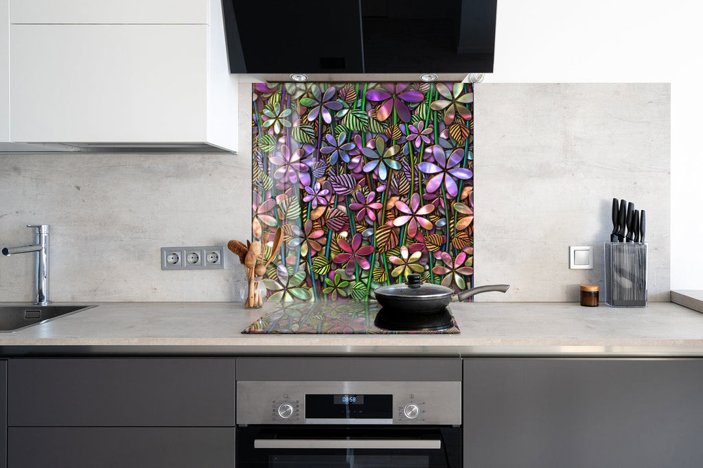 Floral Tempered Glass Backsplash-BacksplashArtworks