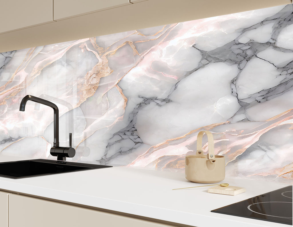 Rose Gold Marble - Glass Kitchen Backsplash-BacksplashArtworks