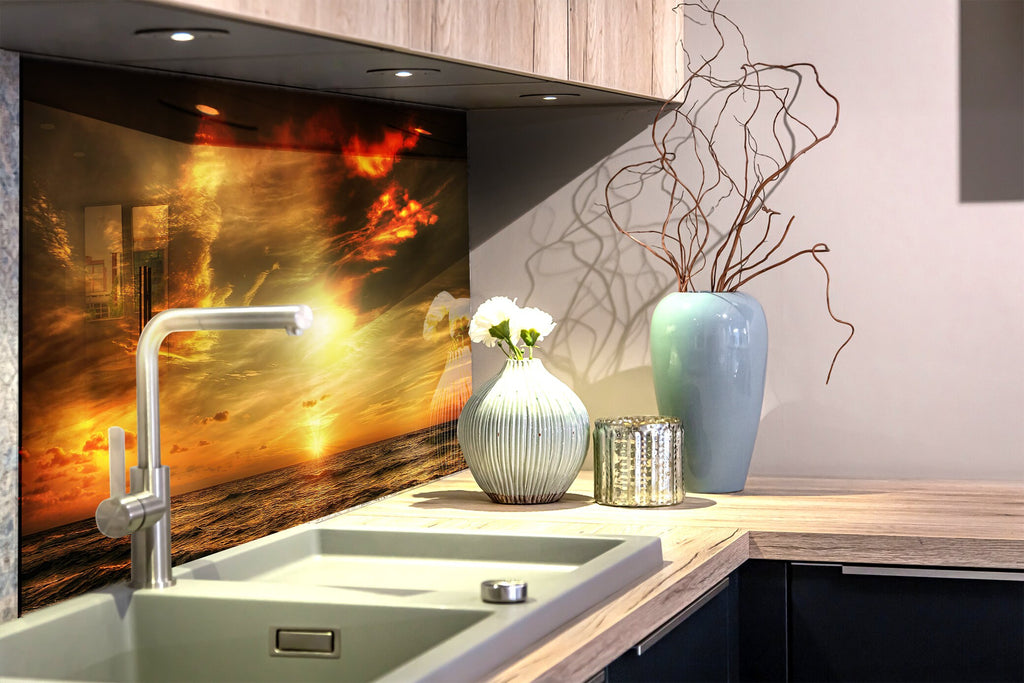 Golden Sunset Over Ocean – Tempered Glass Kitchen Backsplash-BacksplashArtworks