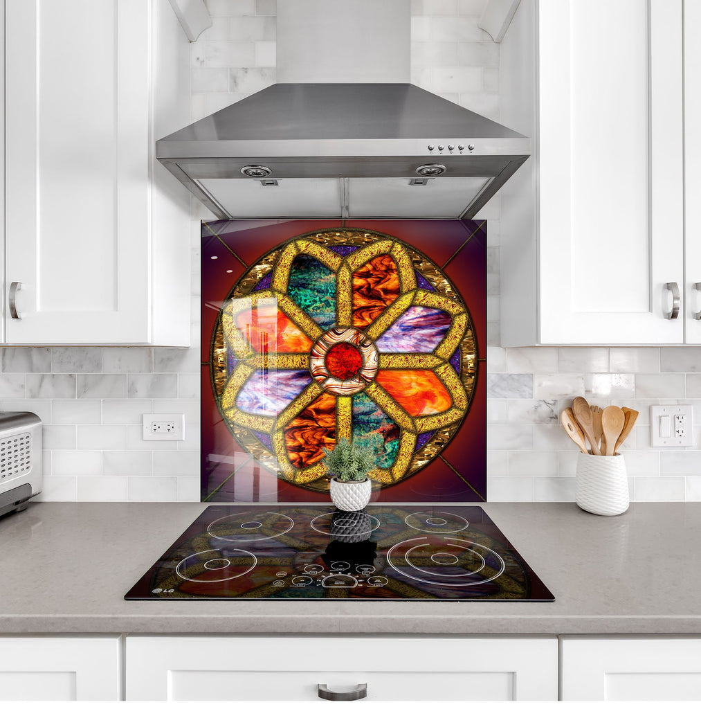 Stained Glass Rose Window - Glass Kitchen Backsplash-BacksplashArtworks