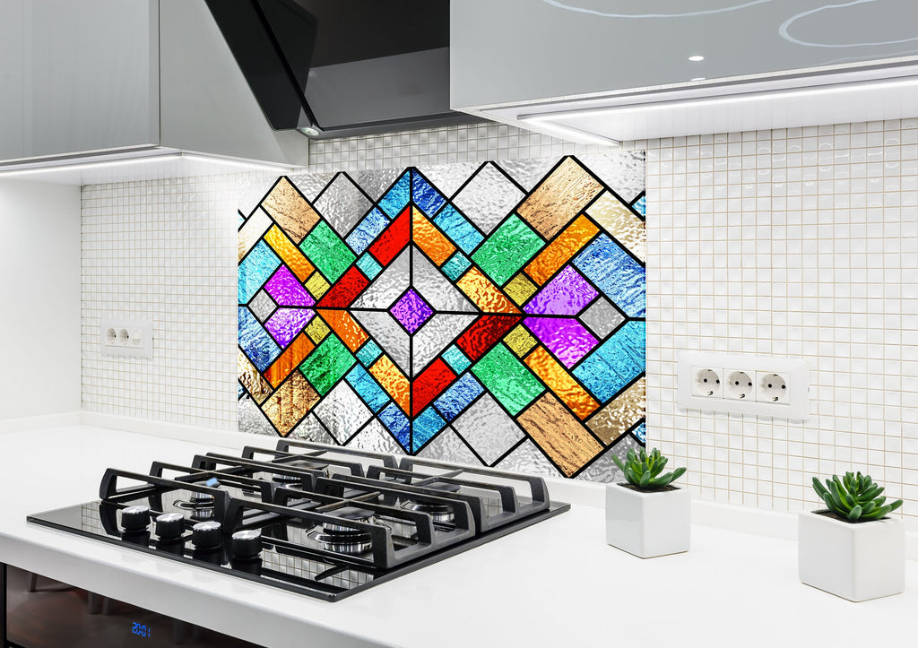 Colorful Geometric Stained - Tempered Glass Kitchen Backsplash-BacksplashArtworks