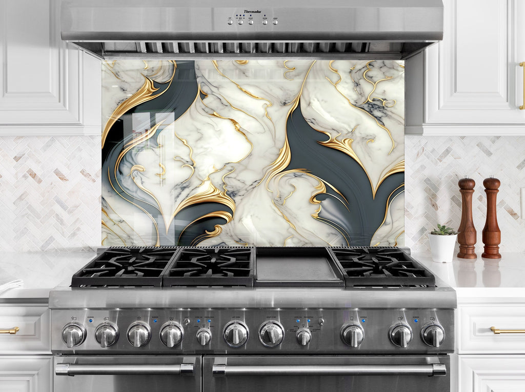 Golden Swirls - Glass Kitchen Backsplash-BacksplashArtworks
