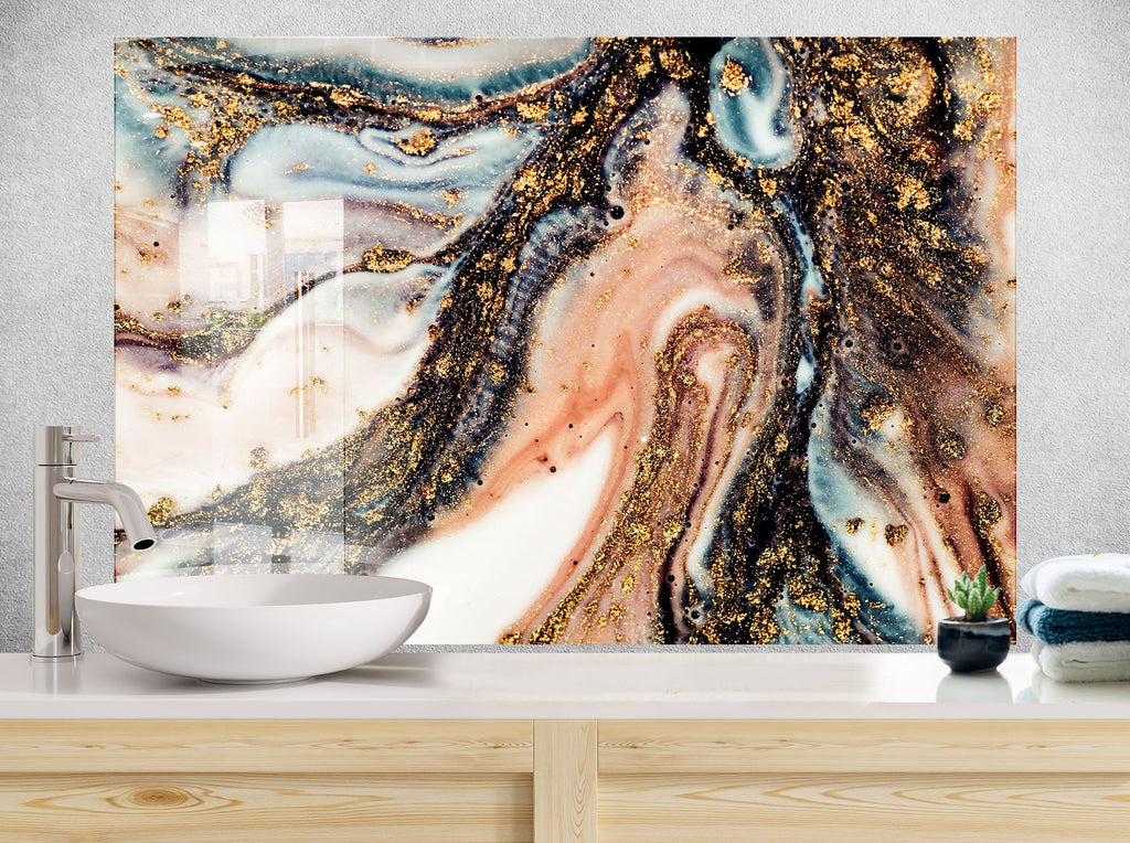 Gold and Blue Marble Swirl - Glass Kitchen Backsplash-BacksplashArtworks