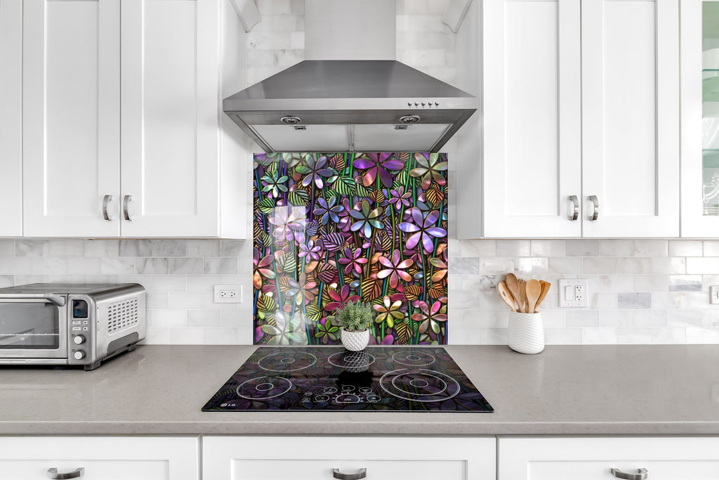Floral Tempered Glass Backsplash-BacksplashArtworks