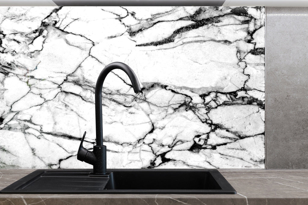 Black & White Marble - Glass Kitchen Backsplash-BacksplashArtworks