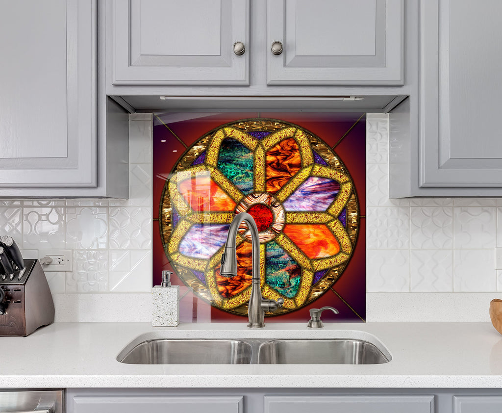 Stained Glass Rose Window - Glass Kitchen Backsplash-BacksplashArtworks