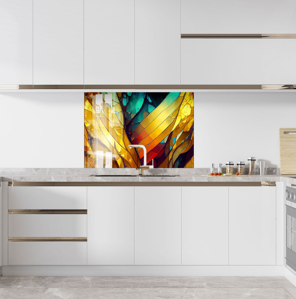 Golden & Blue Stained - Glass Kitchen Backsplash-BacksplashArtworks