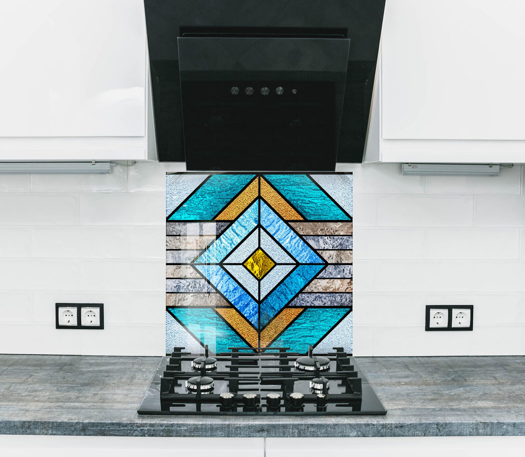 Geometric Blue & Gold Stained - Glass Kitchen Backsplash-BacksplashArtworks
