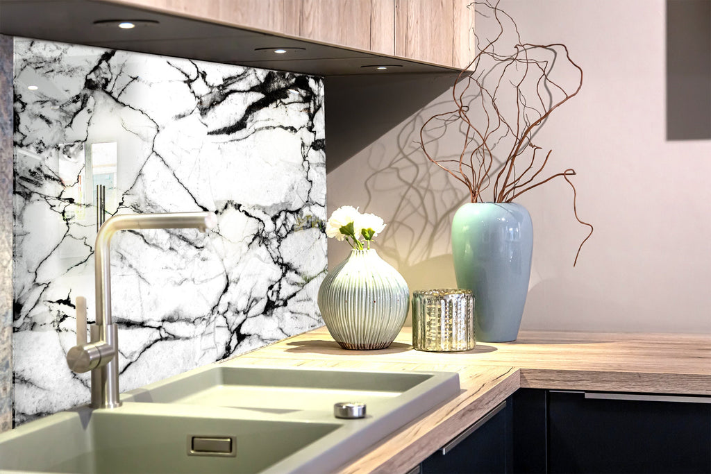 Black & White Marble - Glass Kitchen Backsplash-BacksplashArtworks