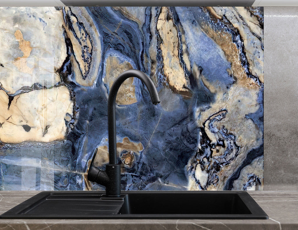 Blue & Gold Marble Stripes - Glass Kitchen Backsplash-BacksplashArtworks