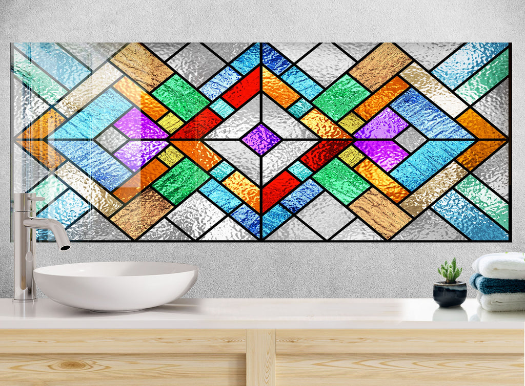 Colorful Geometric Stained - Tempered Glass Kitchen Backsplash-BacksplashArtworks