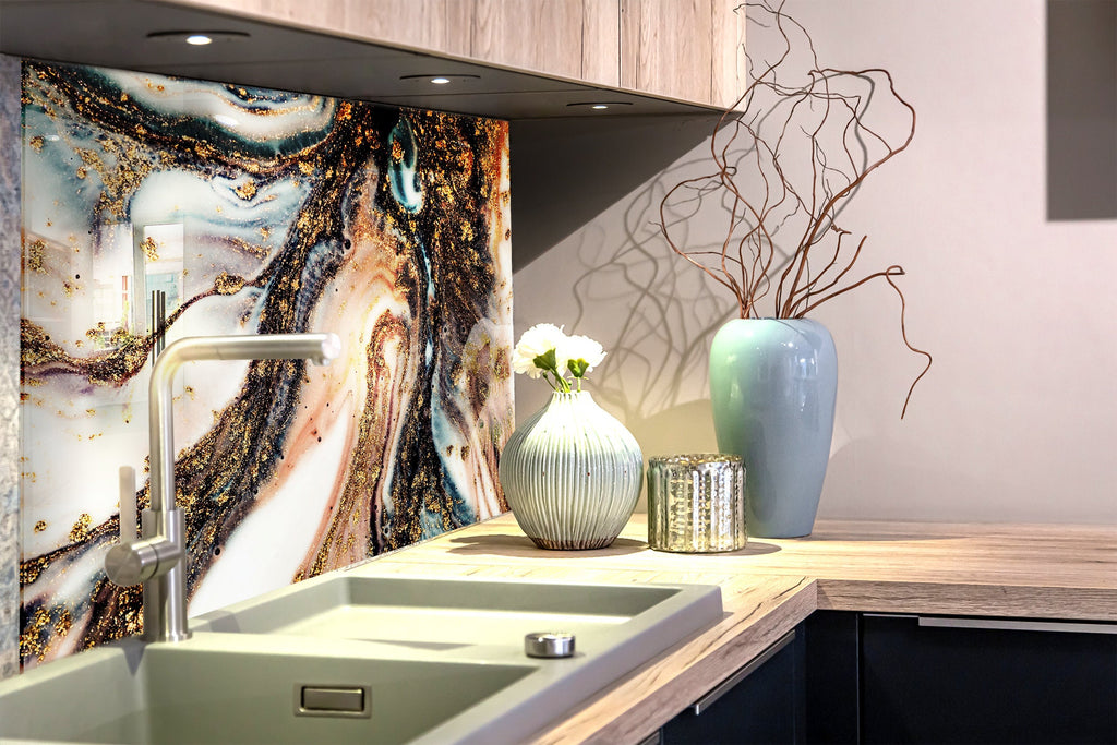 Gold and Blue Marble Swirl - Glass Kitchen Backsplash-BacksplashArtworks