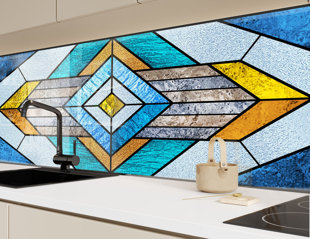 Geometric Blue & Gold Stained - Glass Kitchen Backsplash-BacksplashArtworks