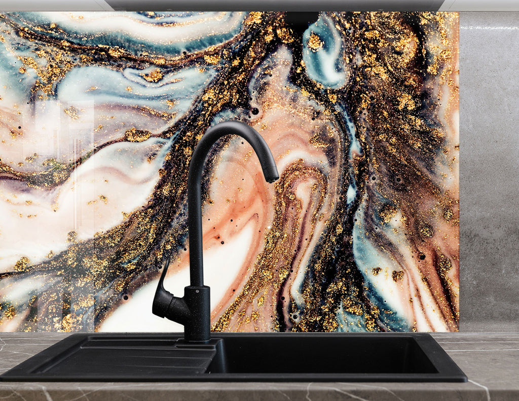 Gold and Blue Marble Swirl - Glass Kitchen Backsplash-BacksplashArtworks