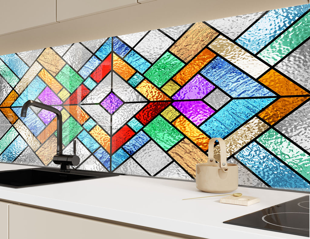 Colorful Geometric Stained - Tempered Glass Kitchen Backsplash-BacksplashArtworks