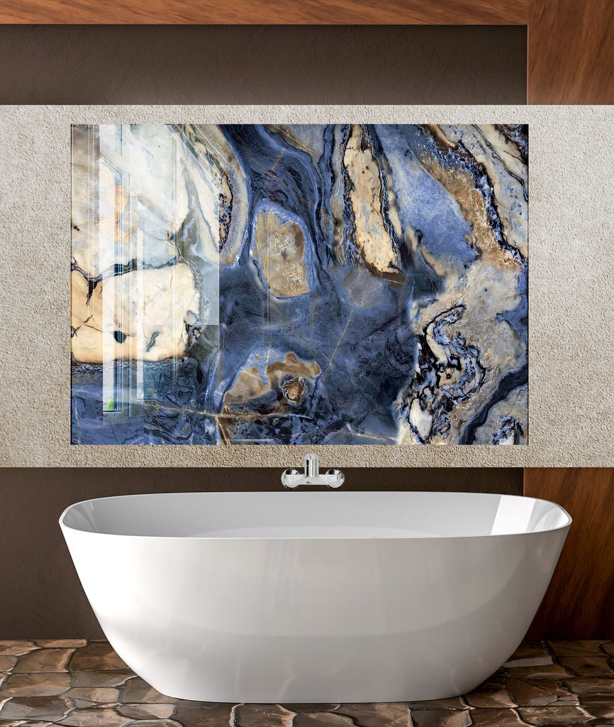 Blue & Gold Marble Stripes - Glass Kitchen Backsplash-BacksplashArtworks