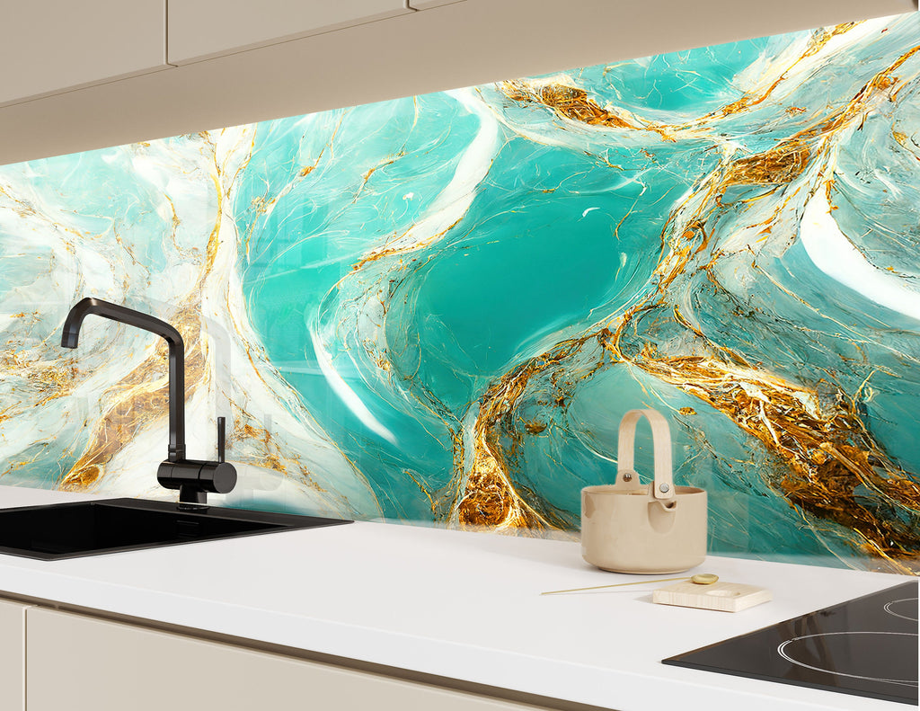 Turquoise & Gold Elegance - Glass Kitchen Backsplash-BacksplashArtworks