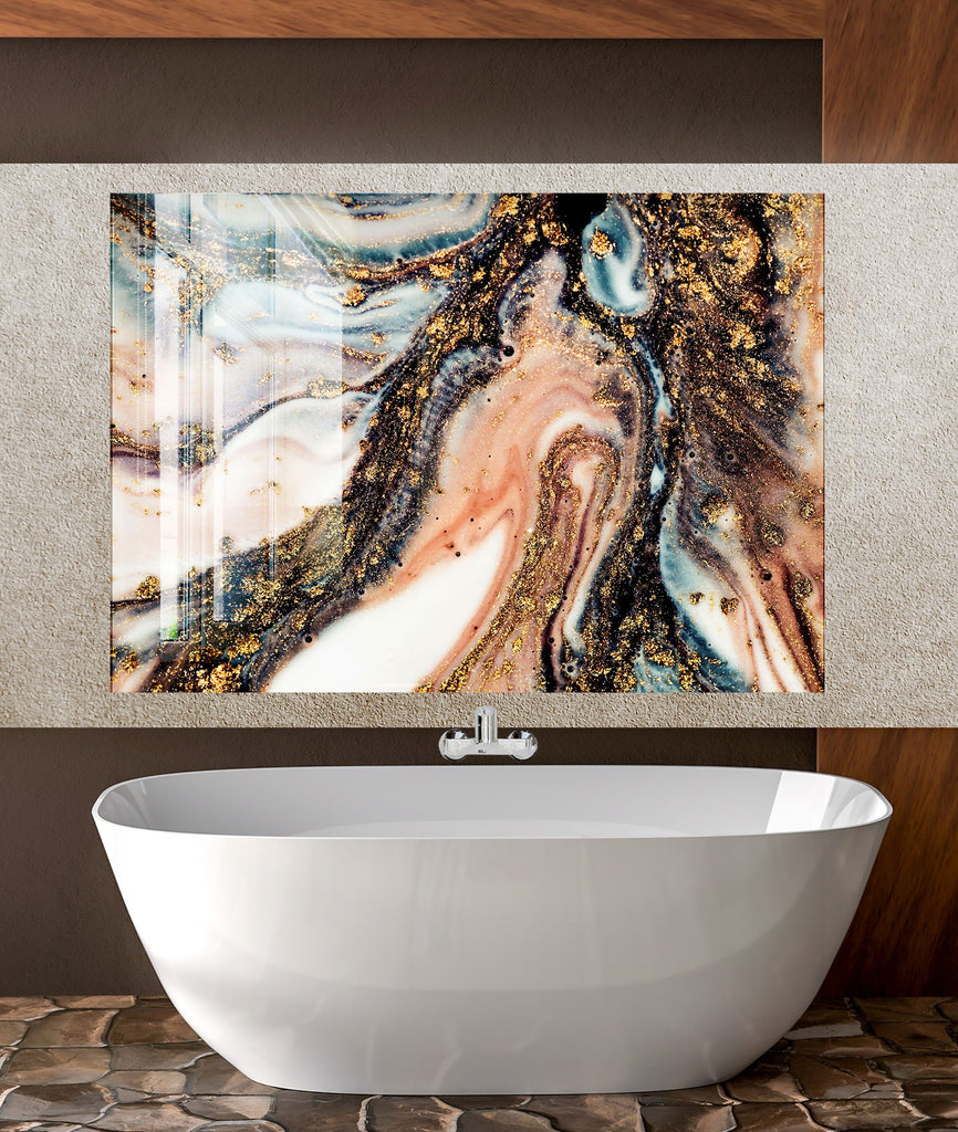 Gold and Blue Marble Swirl - Glass Kitchen Backsplash-BacksplashArtworks