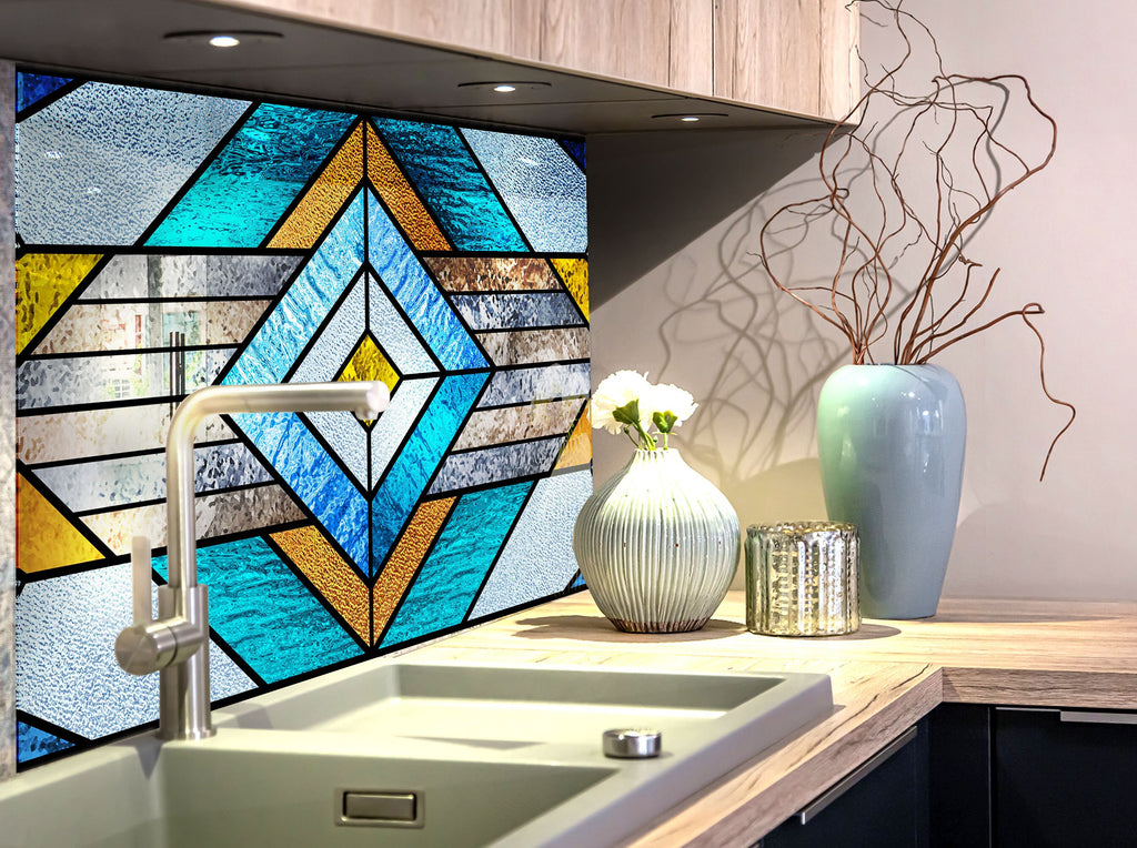 Geometric Blue & Gold Stained - Glass Kitchen Backsplash-BacksplashArtworks