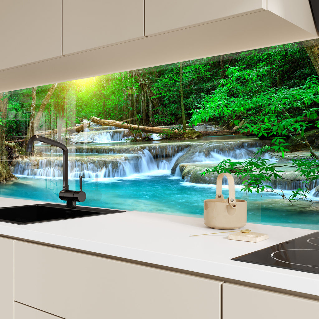 Tropical Waterfall Paradise – Glass Kitchen Backsplash-BacksplashArtworks