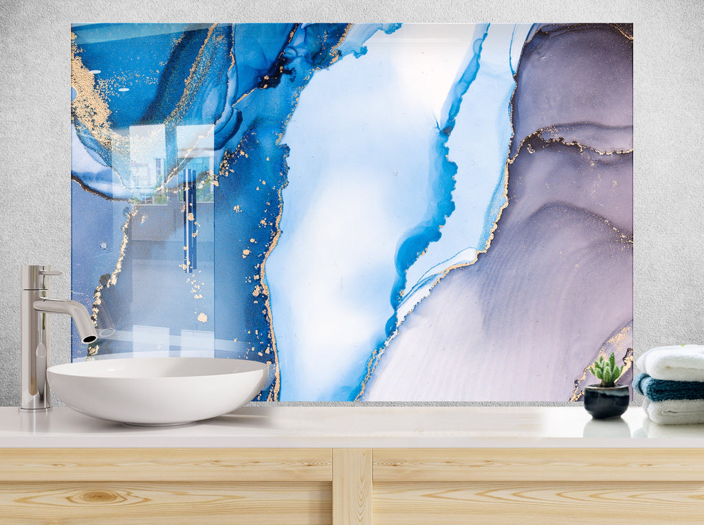 Elegant Blue &amp; Gold Marble - Glass Kitchen Backsplash-BacksplashArtworks