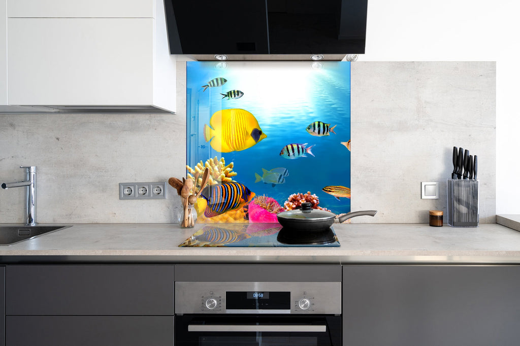 Vibrant Ocean Life Glass Kitchen Backsplash – Colorful Tropical Fish Design-BacksplashArtworks