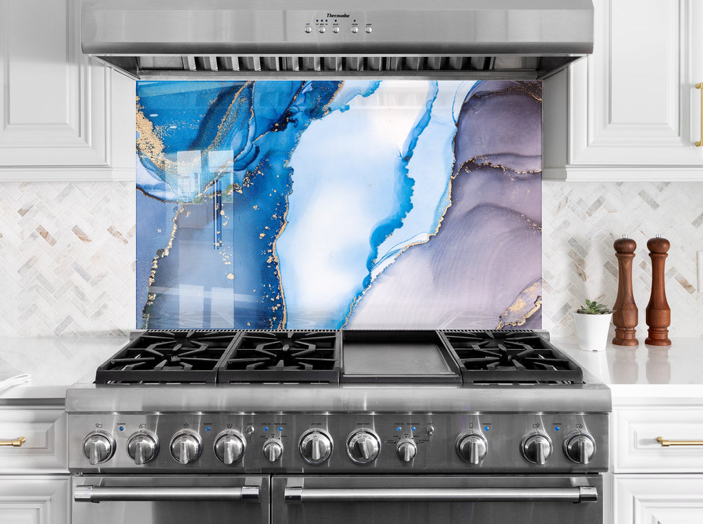 Elegant Blue &amp; Gold Marble - Glass Kitchen Backsplash-BacksplashArtworks