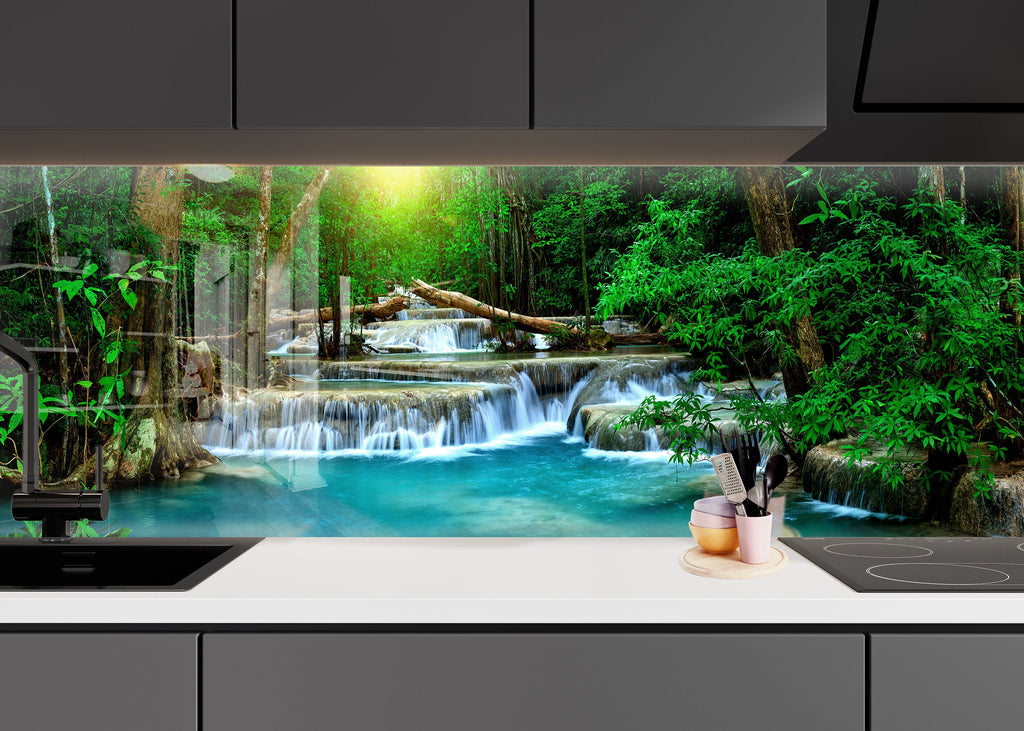 Tropical Waterfall Paradise – Glass Kitchen Backsplash-BacksplashArtworks
