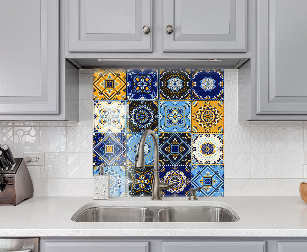 Vibrant Blue and Yellow Moroccan Tile Mosaic Glass Kitchen Backsplash-BacksplashArtworks