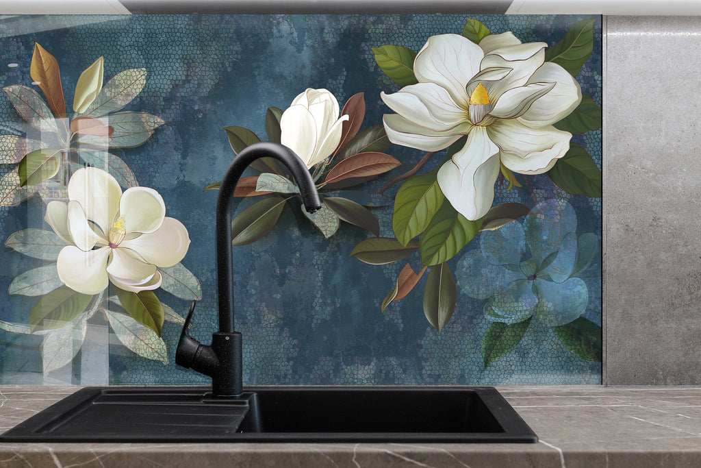 Botanical Floral Tempered Glass Backsplash-BacksplashArtworks