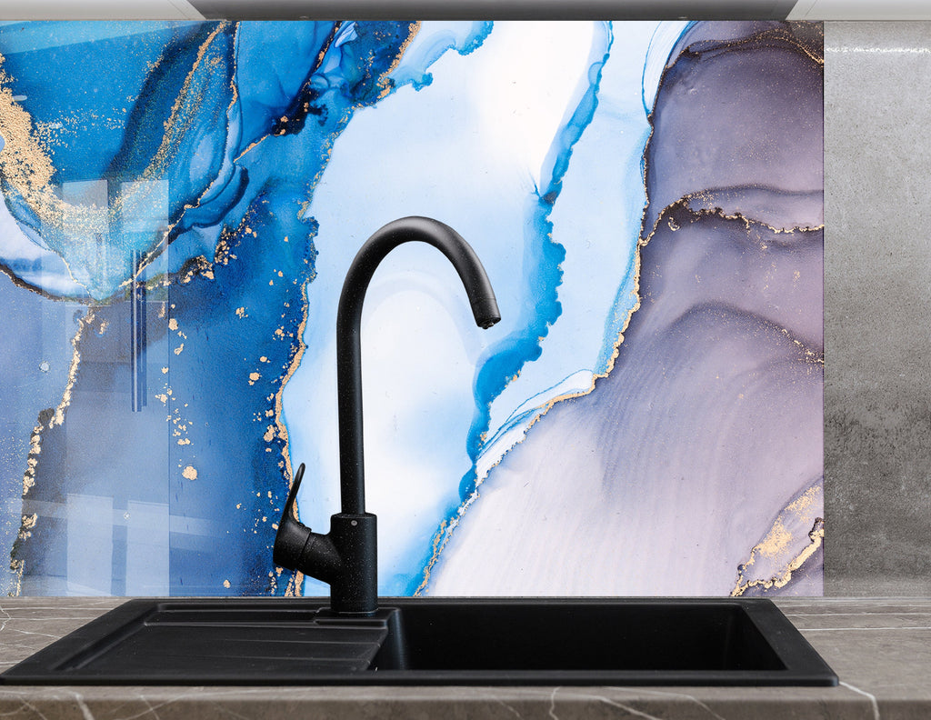 Elegant Blue &amp; Gold Marble - Glass Kitchen Backsplash-BacksplashArtworks