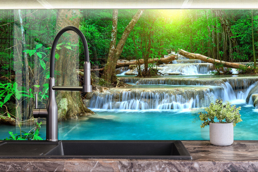 Tropical Waterfall Paradise – Glass Kitchen Backsplash-BacksplashArtworks