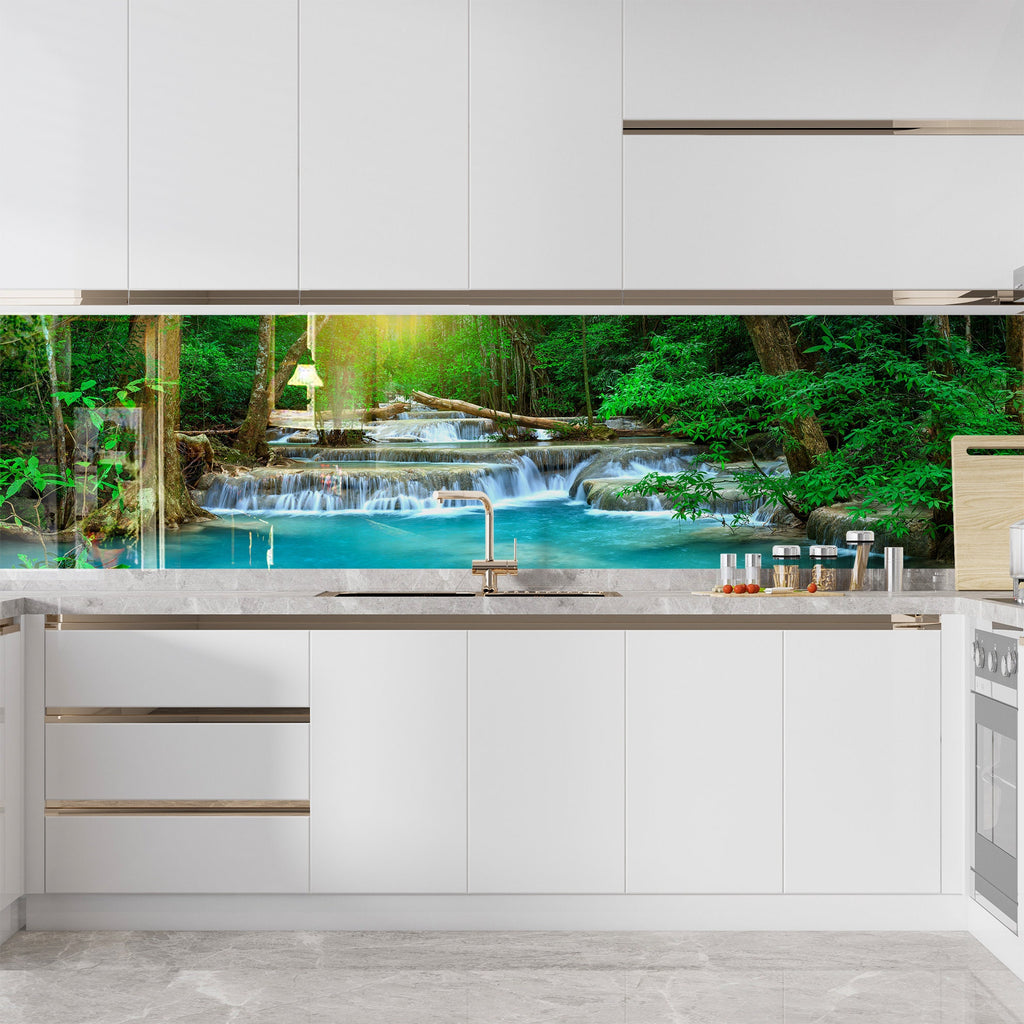 Tropical Waterfall Paradise – Glass Kitchen Backsplash-BacksplashArtworks