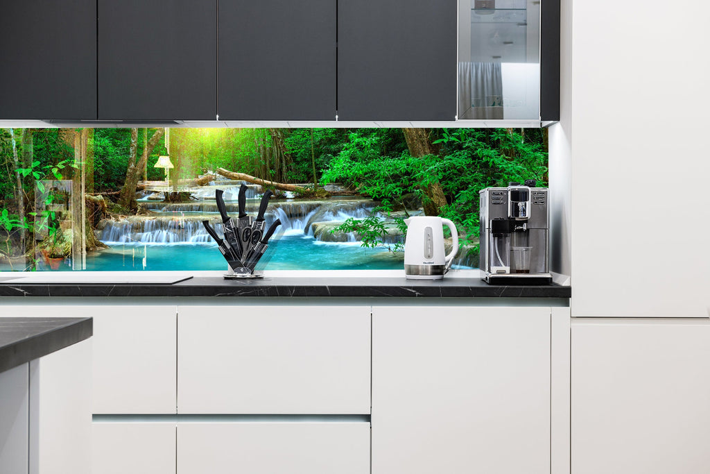 Tropical Waterfall Paradise – Glass Kitchen Backsplash-BacksplashArtworks