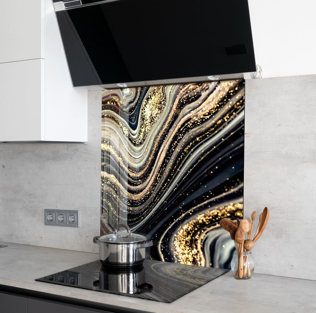 Golden Waves - Glass Kitchen Backsplash-BacksplashArtworks