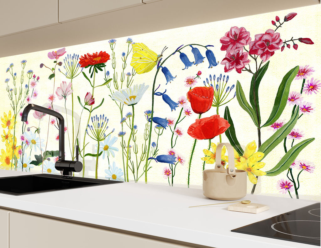 Botanical Floral Tempered Glass Backsplash-BacksplashArtworks